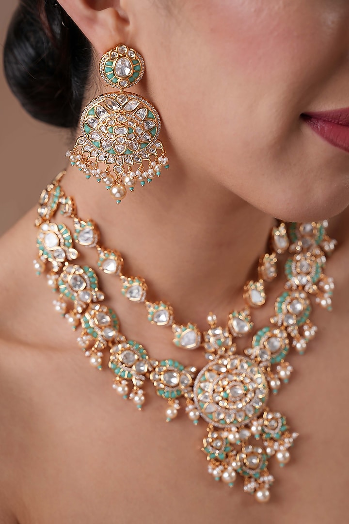 Gold Finish Kundan Polki & Mint Stone Firozi Meenakari Choker Necklace Set by EKATHVA JAIPUR at Pernia's Pop Up Shop