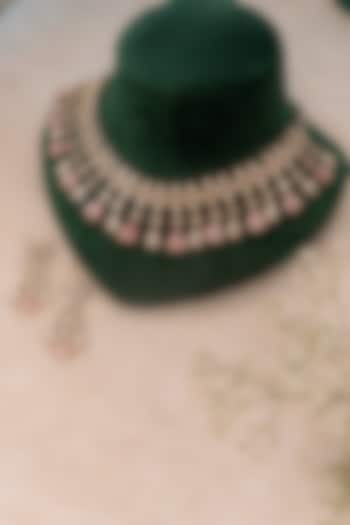 Black Rhodium Finish Kundan Polki & Pink Stone Necklace Set by EKATHVA JAIPUR at Pernia's Pop Up Shop