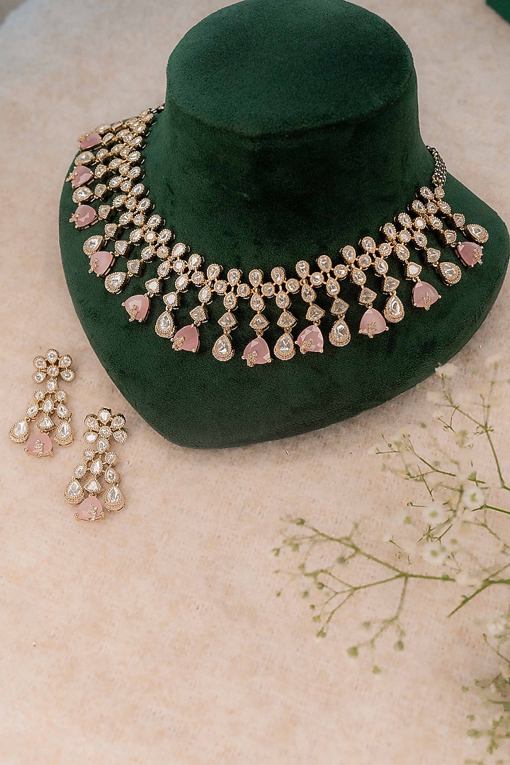 Black Rhodium Finish Kundan Polki & Pink Stone Necklace Set by EKATHVA JAIPUR at Pernia's Pop Up Shop