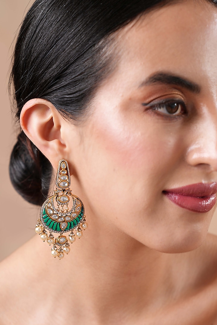 Gold Finish Kundan Polki & Emerald Stone Chandbali Earrings by EKATHVA JAIPUR at Pernia's Pop Up Shop