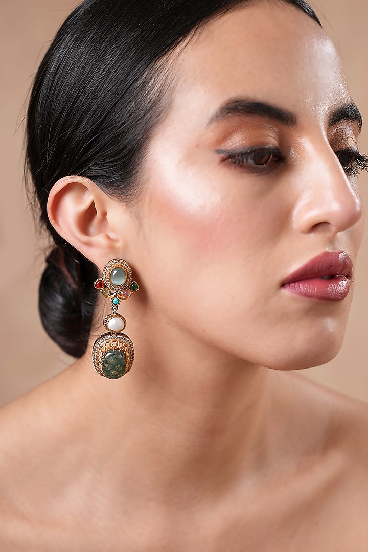 Black Rhodium Finish Navratna Stone Dangler Earrings by EKATHVA JAIPUR at Pernia's Pop Up Shop