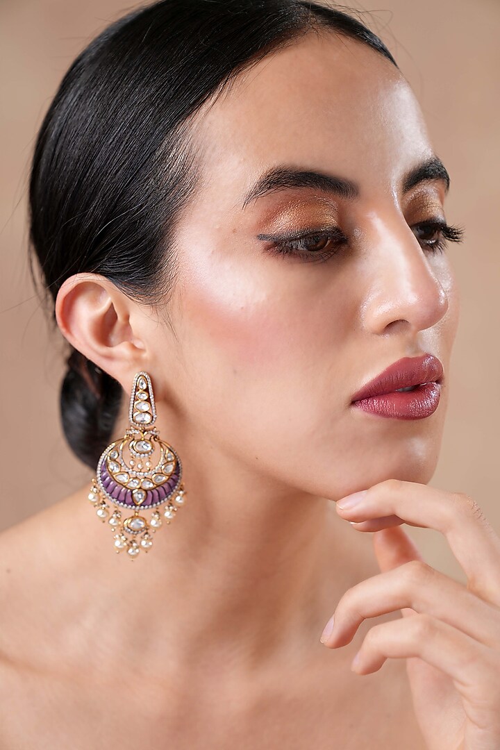 Gold Finish Kundan Polki & Purple Stone Chandbali Earrings by EKATHVA JAIPUR at Pernia's Pop Up Shop