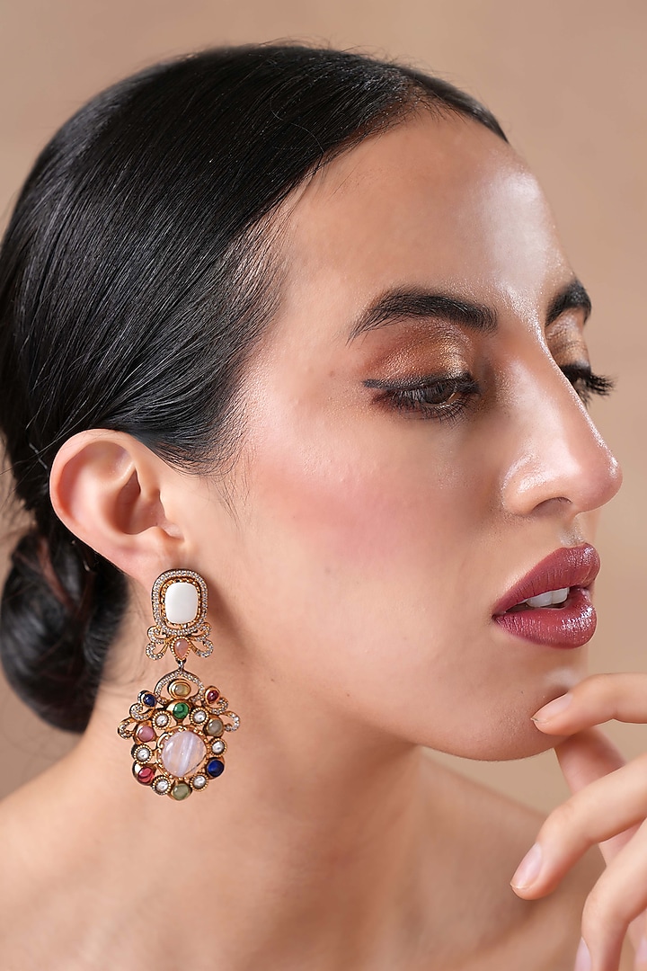 Black Rhodium Finish Navratna Stone Dangler Earrings by EKATHVA JAIPUR at Pernia's Pop Up Shop