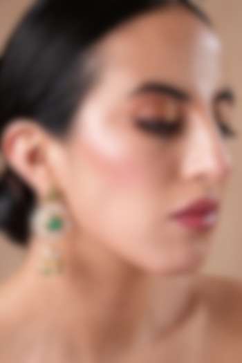 Gold Finish Mint Moissanite Polki & Emerald Stone Floral Dangler Earrings by EKATHVA JAIPUR at Pernia's Pop Up Shop