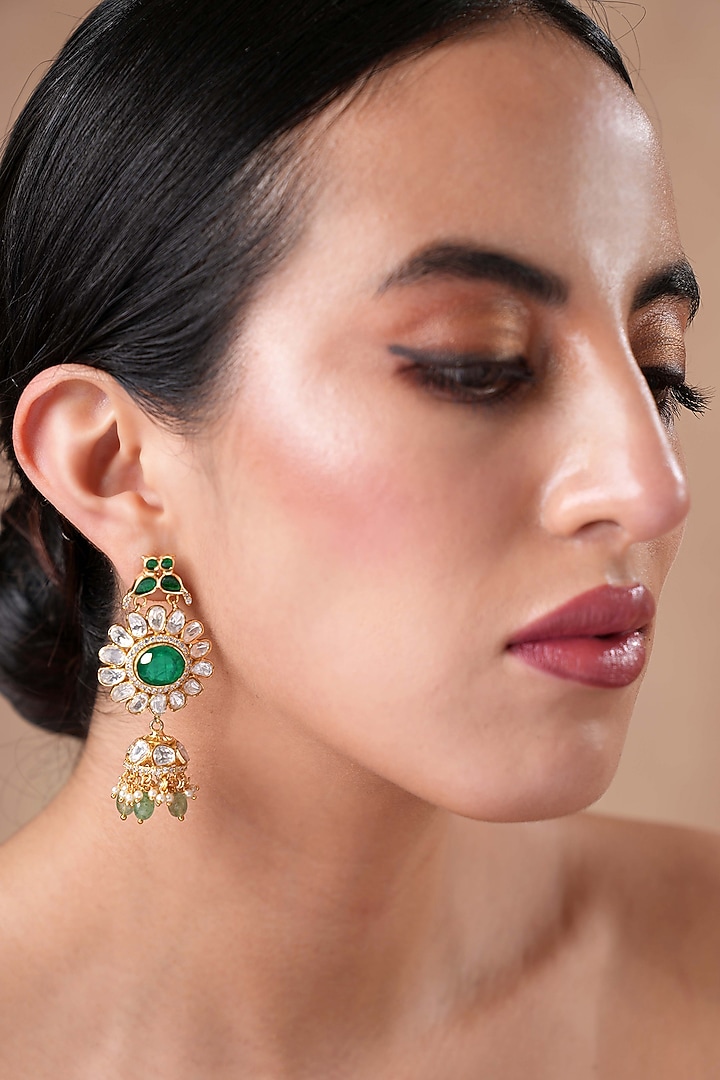 Gold Finish Mint Moissanite Polki & Emerald Stone Floral Dangler Earrings by EKATHVA JAIPUR at Pernia's Pop Up Shop
