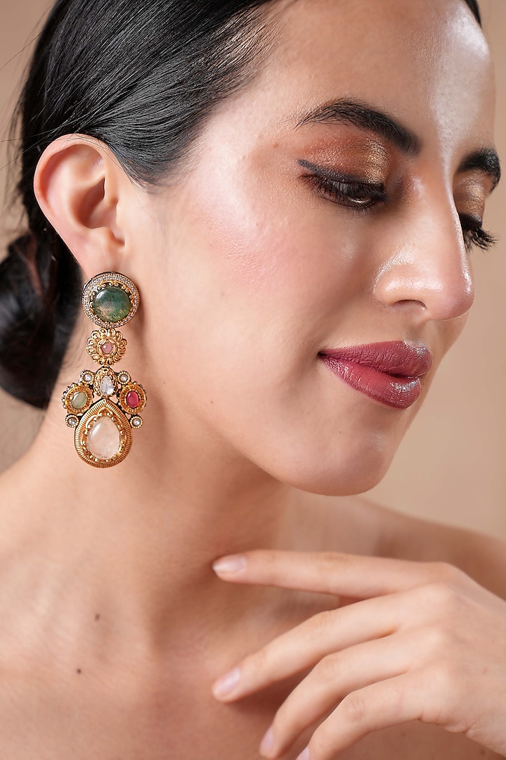 Black Rhodium Finish Navratna Stone Dangler Earrings by EKATHVA JAIPUR at Pernia's Pop Up Shop