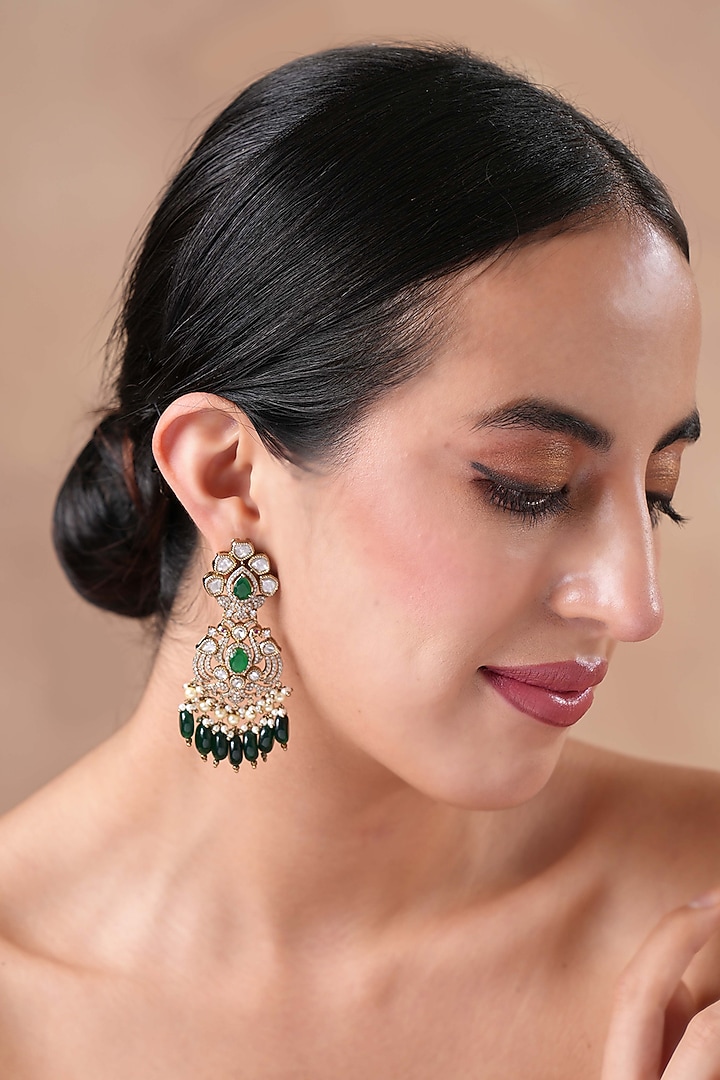 Black Rhodium Finish Kundan Polki & Emerald Stone Dangler Earrings by EKATHVA JAIPUR at Pernia's Pop Up Shop