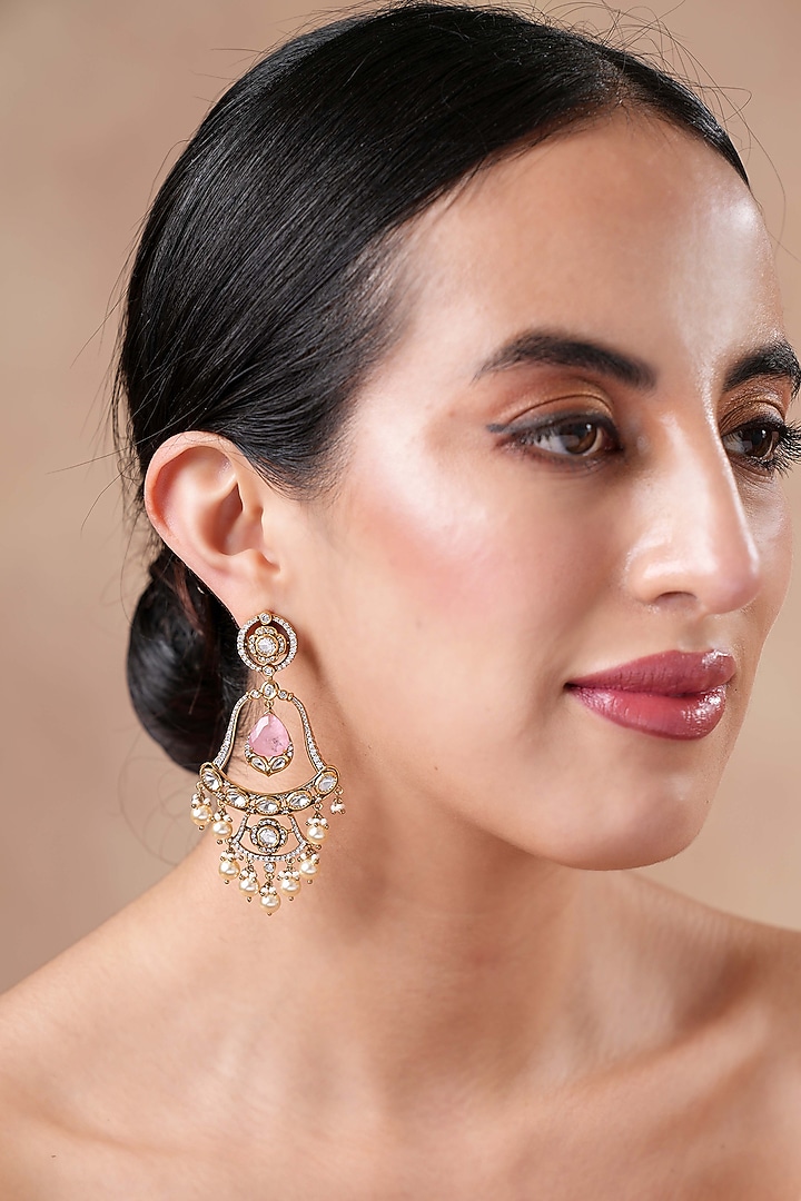 Gold Finish Moissanite Polki & Pink Stone Chandelier Earrings by EKATHVA JAIPUR at Pernia's Pop Up Shop