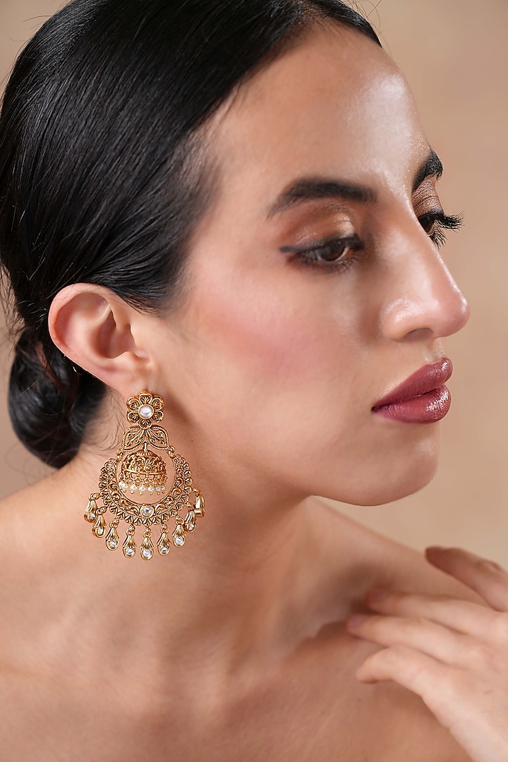 Gold Finish Kundan Polki Temple Chandbali Jhumka Earrings by EKATHVA JAIPUR at Pernia's Pop Up Shop