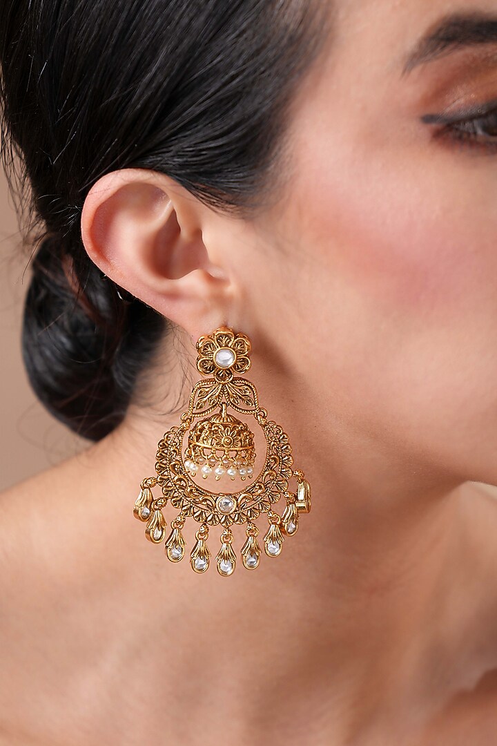 Gold Finish Kundan Polki Temple Chandbali Jhumka Earrings by EKATHVA JAIPUR at Pernia's Pop Up Shop