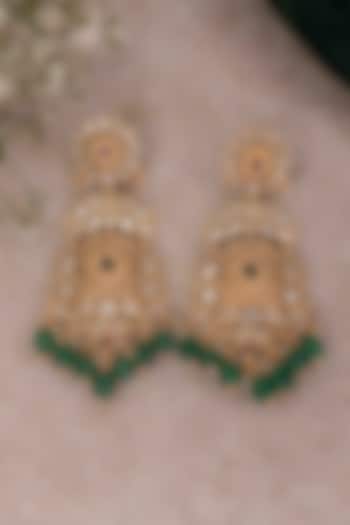 Gold Finish Kundan Polki & Emerald Stones Temple Dangler Earrings by EKATHVA JAIPUR at Pernia's Pop Up Shop