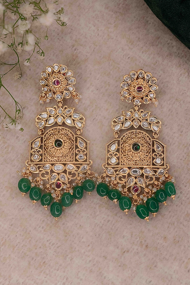 Gold Finish Kundan Polki & Emerald Stones Temple Dangler Earrings by EKATHVA JAIPUR at Pernia's Pop Up Shop