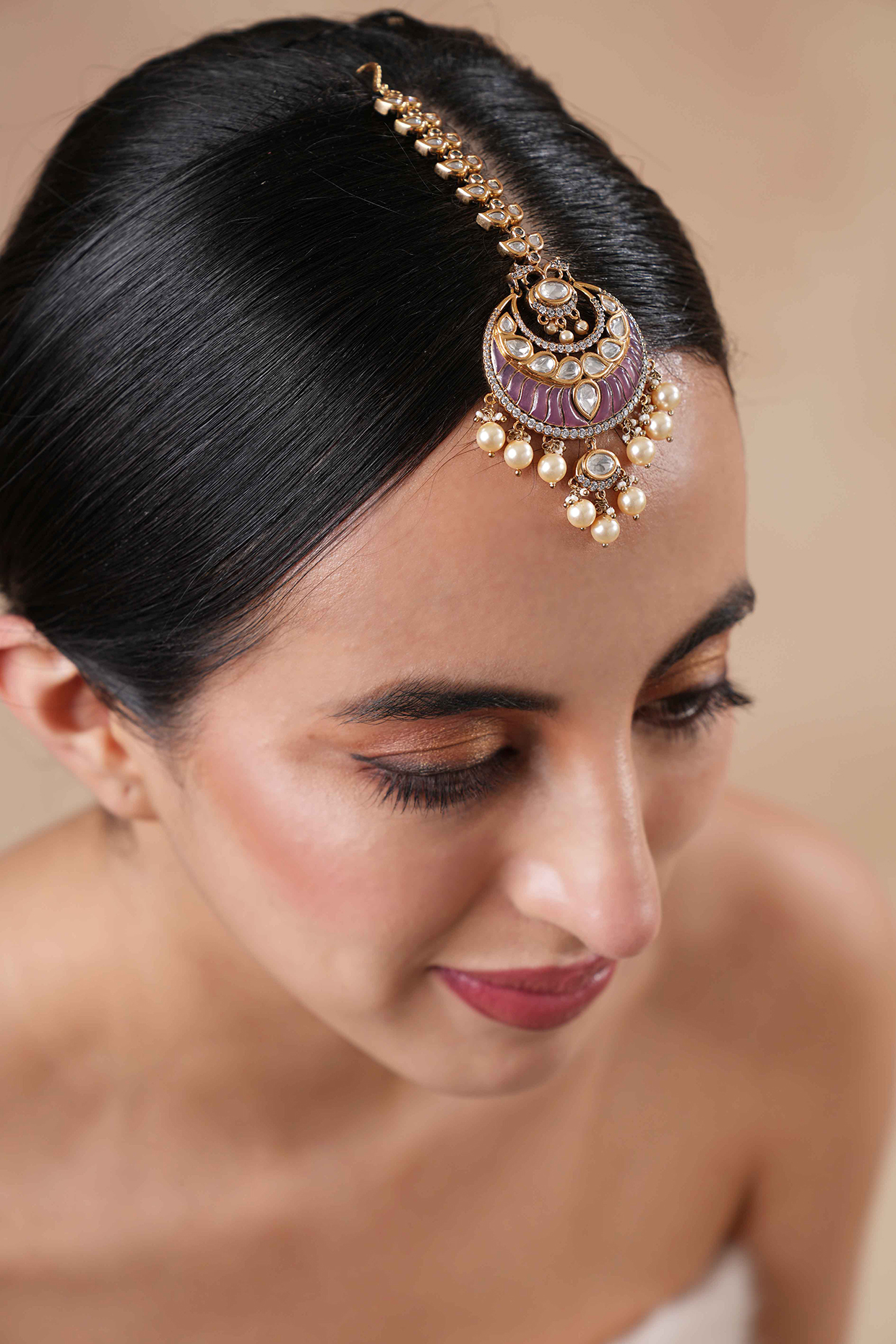 Gold Finish Purple Kundan Polki Maangtikka by EKATHVA JAIPUR at Pernia's Pop Up Shop