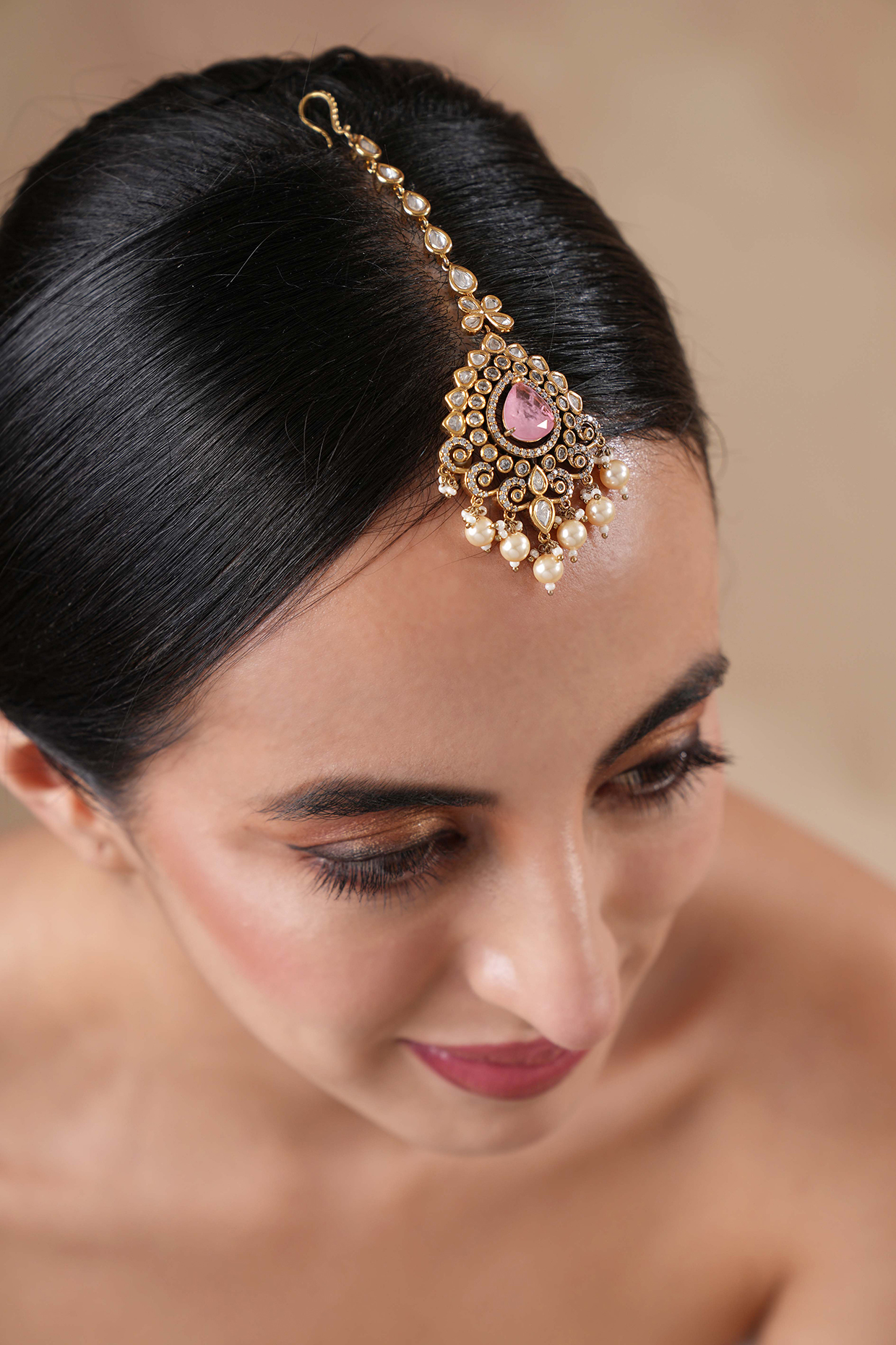 Gold Finish Kundan Polki & Pink Stone Maangtikka by EKATHVA JAIPUR at Pernia's Pop Up Shop