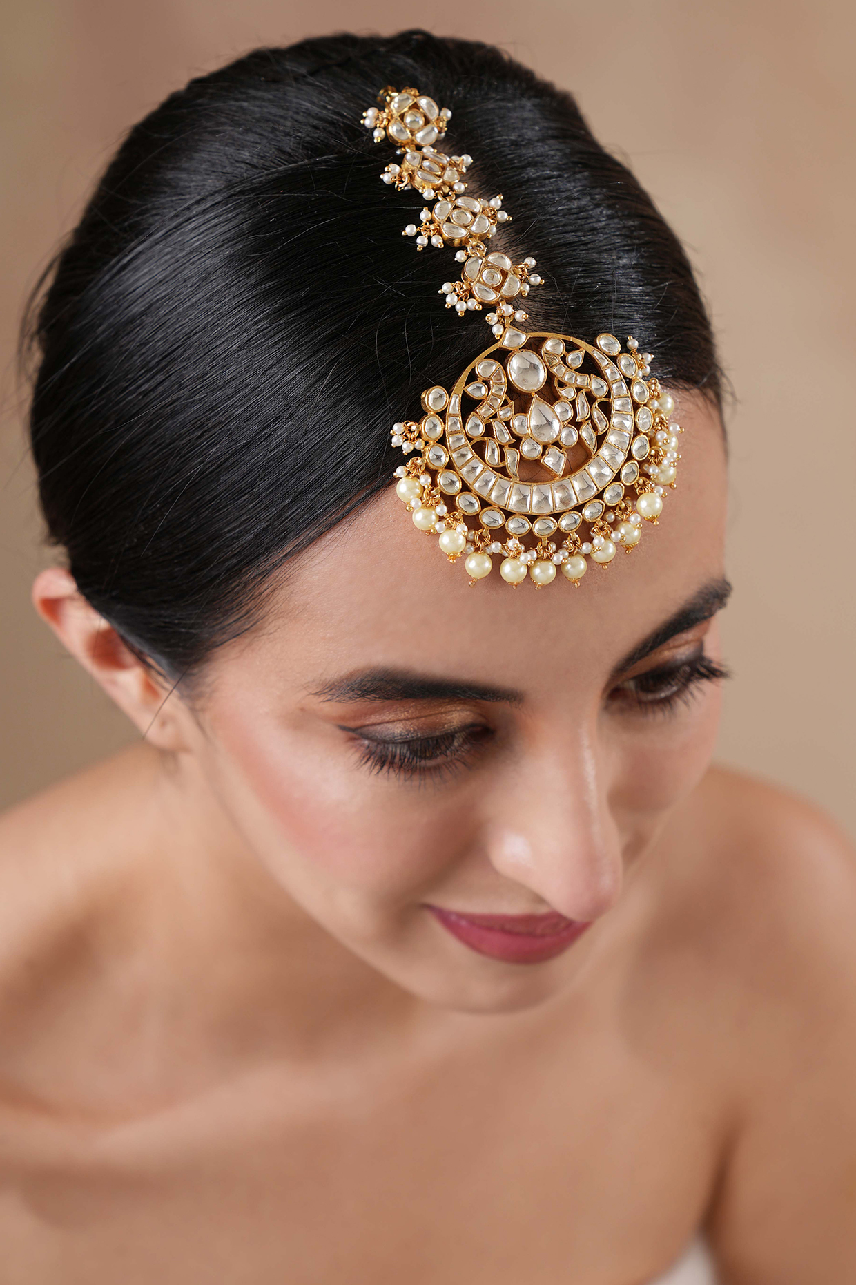 Gold Finish Pachi Kundan Polki Maangtikka by EKATHVA JAIPUR at Pernia's Pop Up Shop