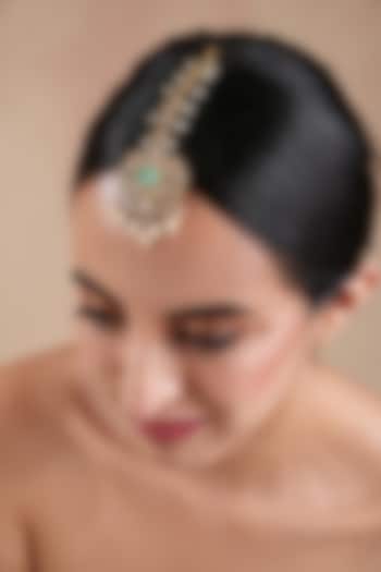 Gold Finish Kundan Polki & Mint Stone Maangtikka by EKATHVA JAIPUR at Pernia's Pop Up Shop