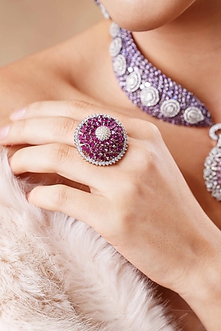 White Finish Diamond & Amethyst Stone Ring by EKATHVA JAIPUR