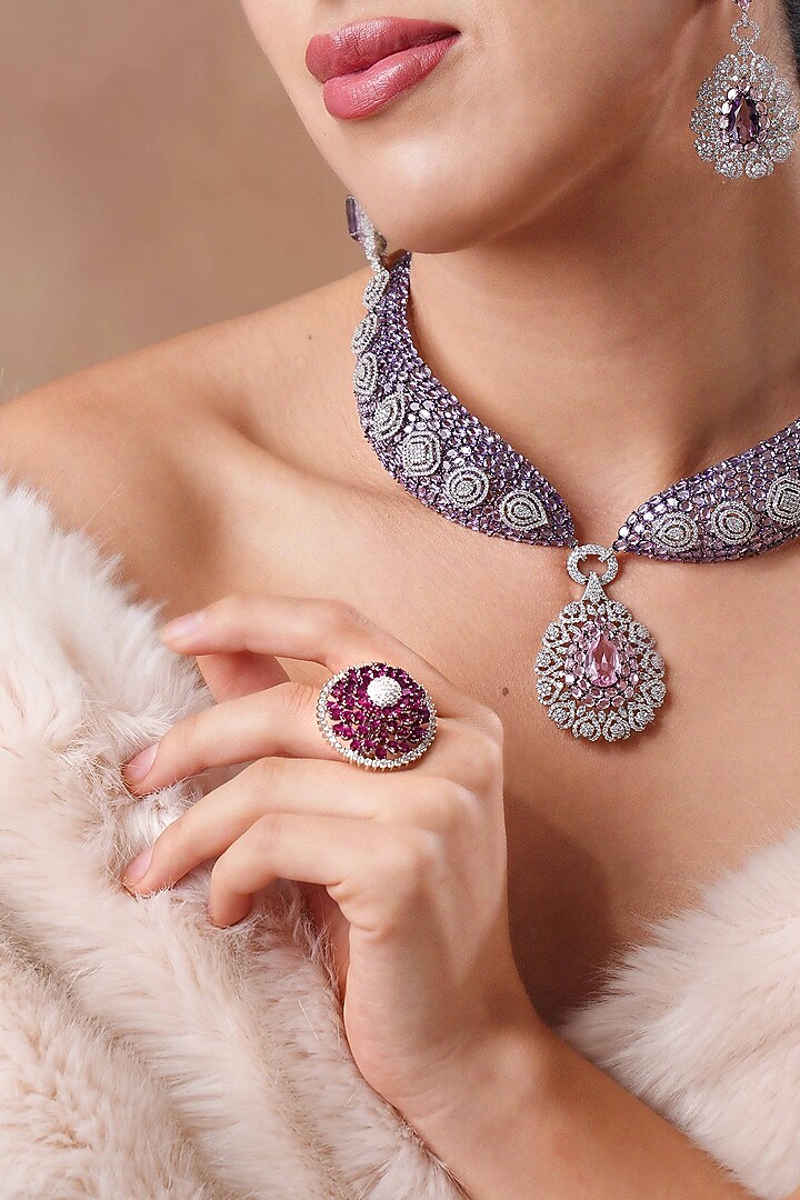 White Finish Diamond & Amethyst Stone Ring by EKATHVA JAIPUR at Pernia's Pop Up Shop