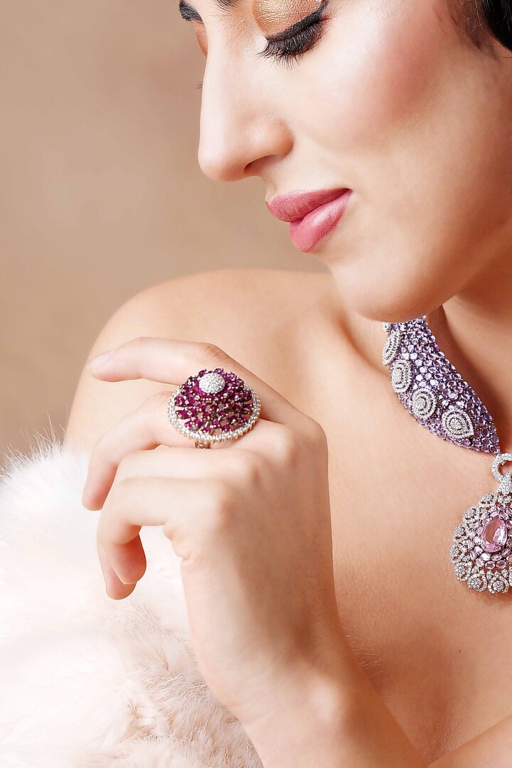 White Finish Diamond & Amethyst Stone Ring by EKATHVA JAIPUR at Pernia's Pop Up Shop
