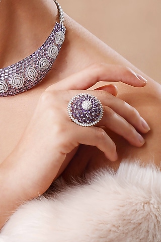 White Finish Diamond & Amethyst Stone Ring by EKATHVA JAIPUR