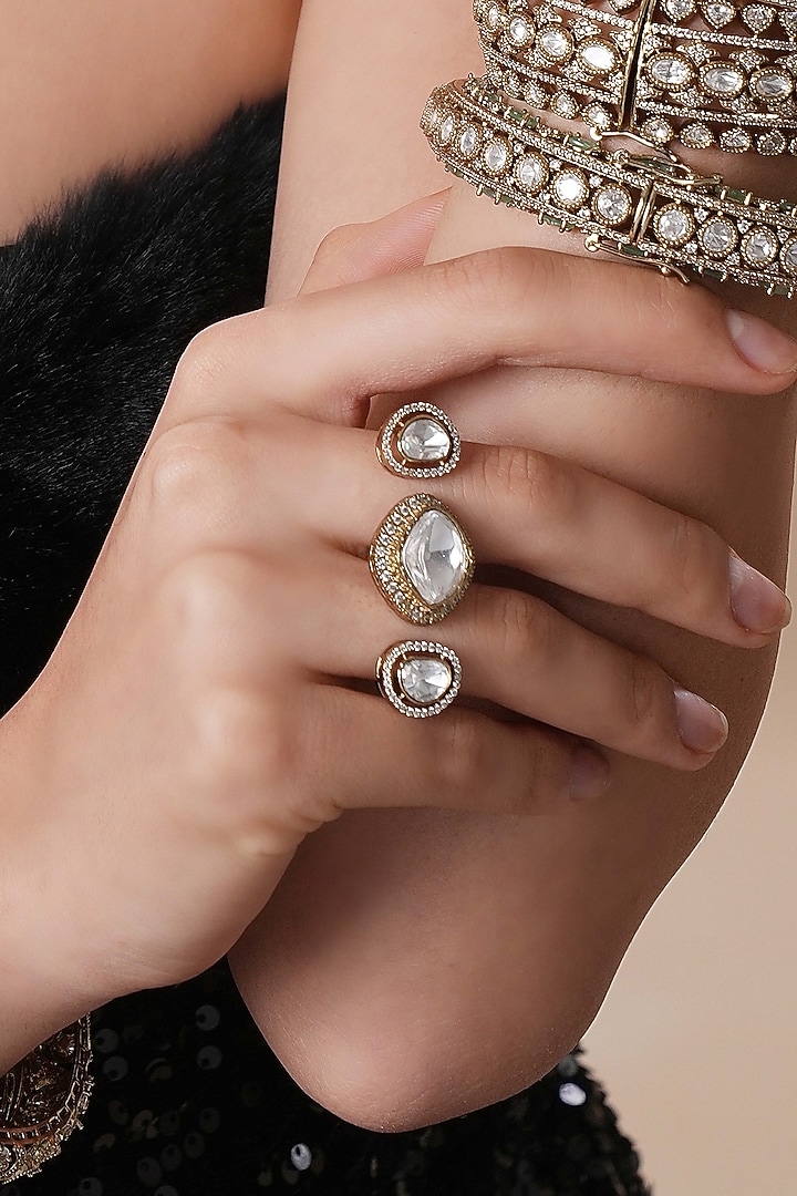 Black Rhodium Finish Kundan Polki Double Finger Ring by EKATHVA JAIPUR at Pernia's Pop Up Shop