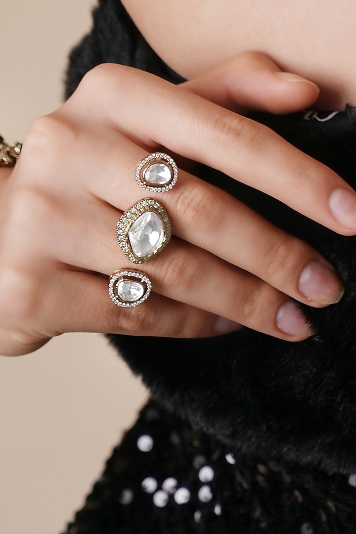 Black Rhodium Finish Kundan Polki Double Finger Ring by EKATHVA JAIPUR at Pernia's Pop Up Shop
