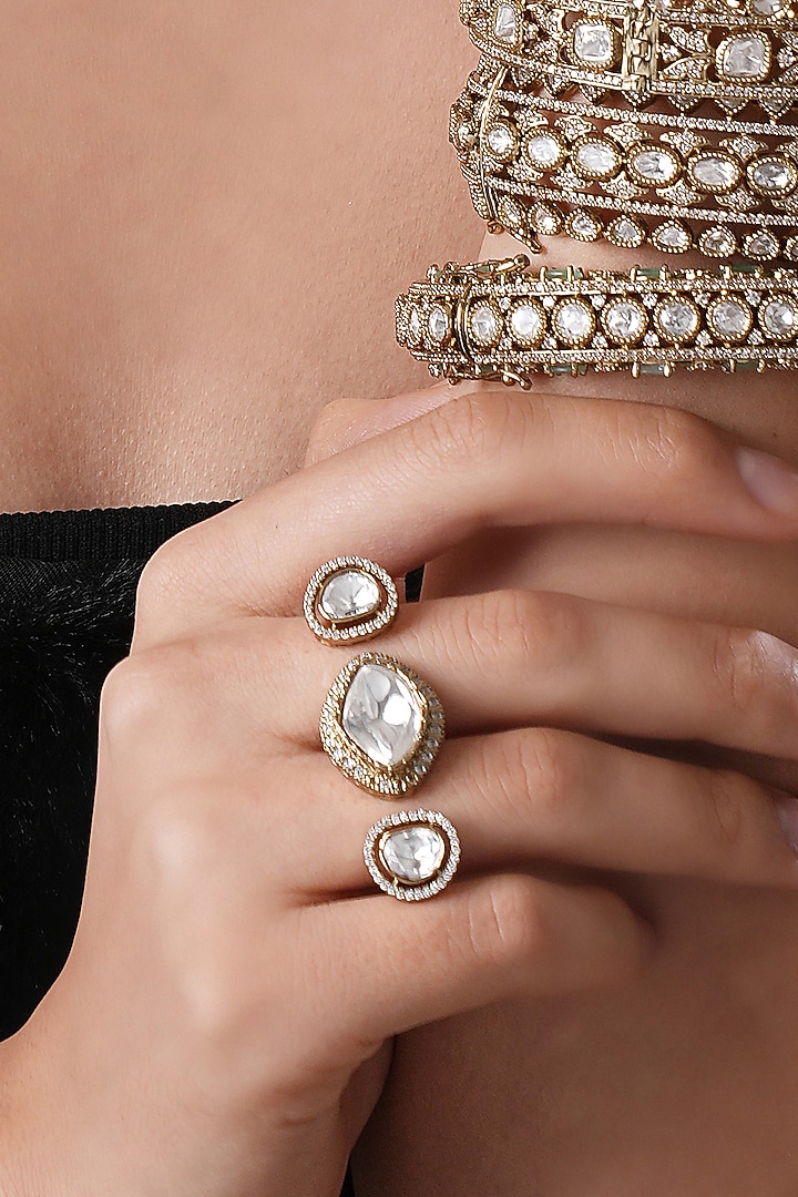 Black Rhodium Finish Kundan Polki Double Finger Ring by EKATHVA JAIPUR at Pernia's Pop Up Shop