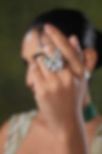 White Finish Swarovski & Green Stone Ring by EKATHVA JAIPUR at Pernia's Pop Up Shop