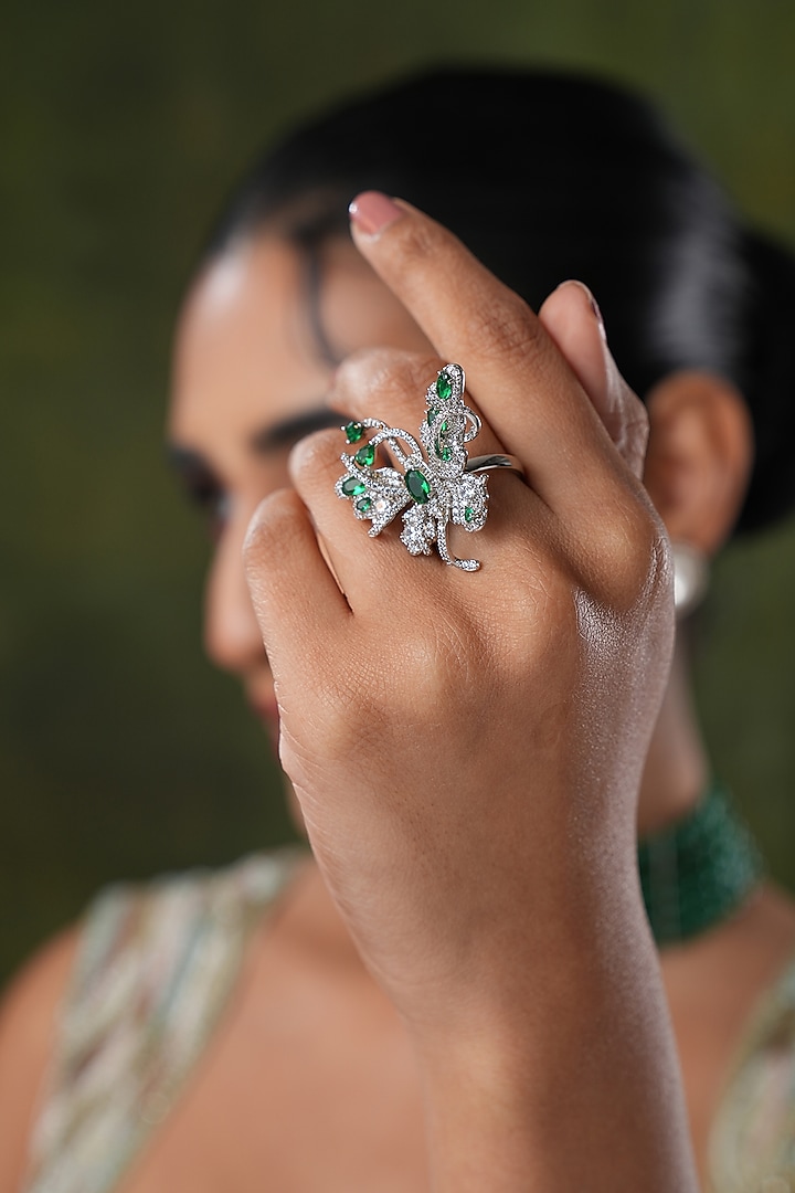 White Finish Swarovski & Green Stone Ring by EKATHVA JAIPUR at Pernia's Pop Up Shop