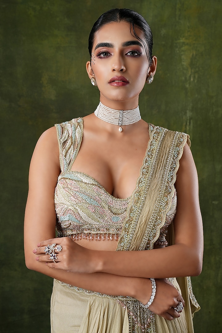 White Finish Diamond & Beaded Choker Necklace Set by EKATHVA JAIPUR at Pernia's Pop Up Shop