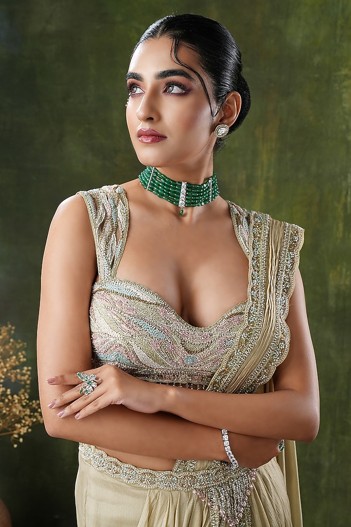 White Finish Diamond & Emerald Beaded Choker Necklace Set by EKATHVA JAIPUR at Pernia's Pop Up Shop
