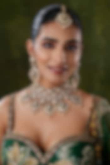 Gold Finish Kundan Polki & Green Stone Necklace Set by EKATHVA JAIPUR at Pernia's Pop Up Shop