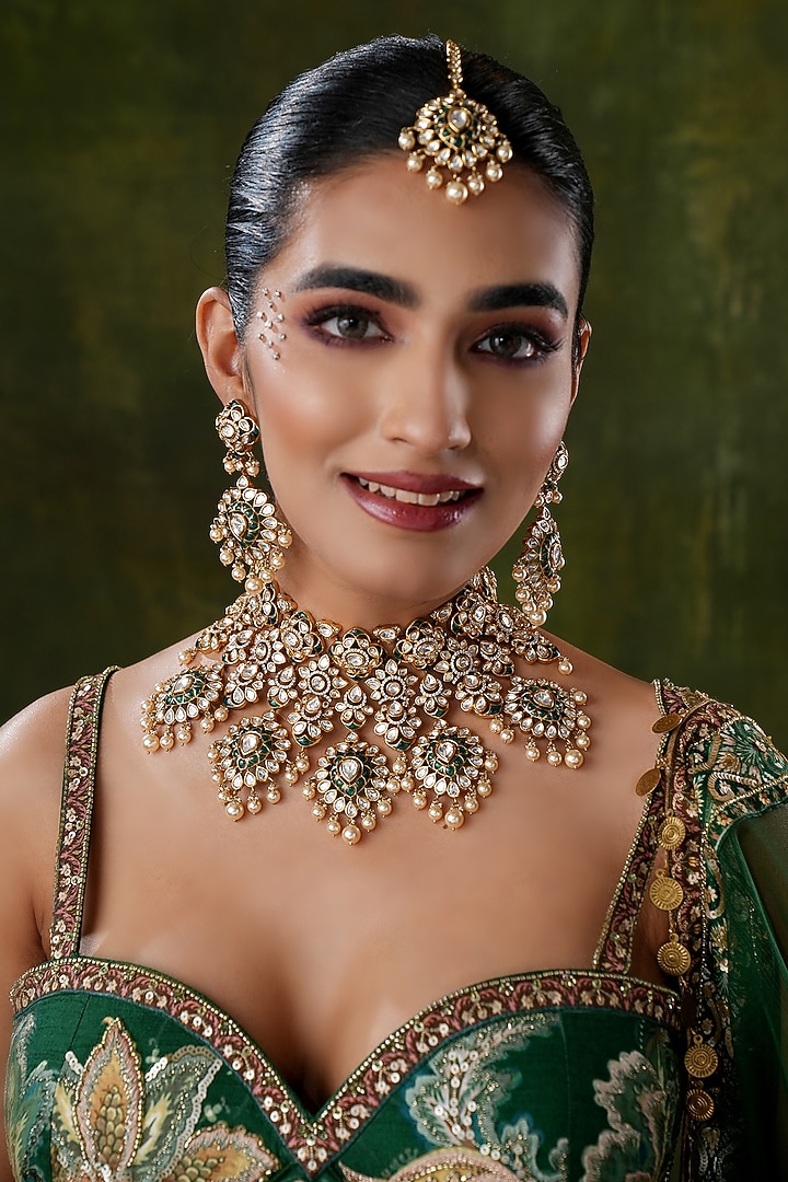 Gold Finish Kundan Polki & Green Stone Necklace Set by EKATHVA JAIPUR at Pernia's Pop Up Shop