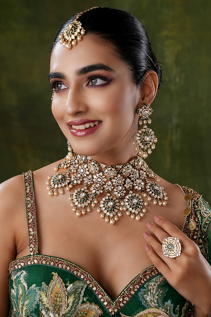 Gold Finish Kundan Polki & Green Stone Necklace Set by EKATHVA JAIPUR at Pernia's Pop Up Shop