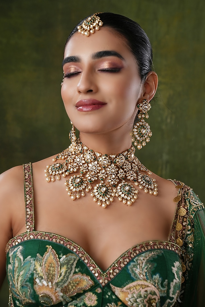 Gold Finish Kundan Polki & Green Stone Necklace Set by EKATHVA JAIPUR at Pernia's Pop Up Shop