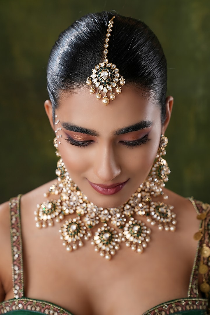 Gold Finish Kundan Polki & Green Stone Necklace Set by EKATHVA JAIPUR at Pernia's Pop Up Shop