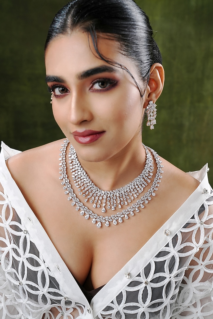 White Finish Zircon Layered Necklace Set by EKATHVA JAIPUR at Pernia's Pop Up Shop