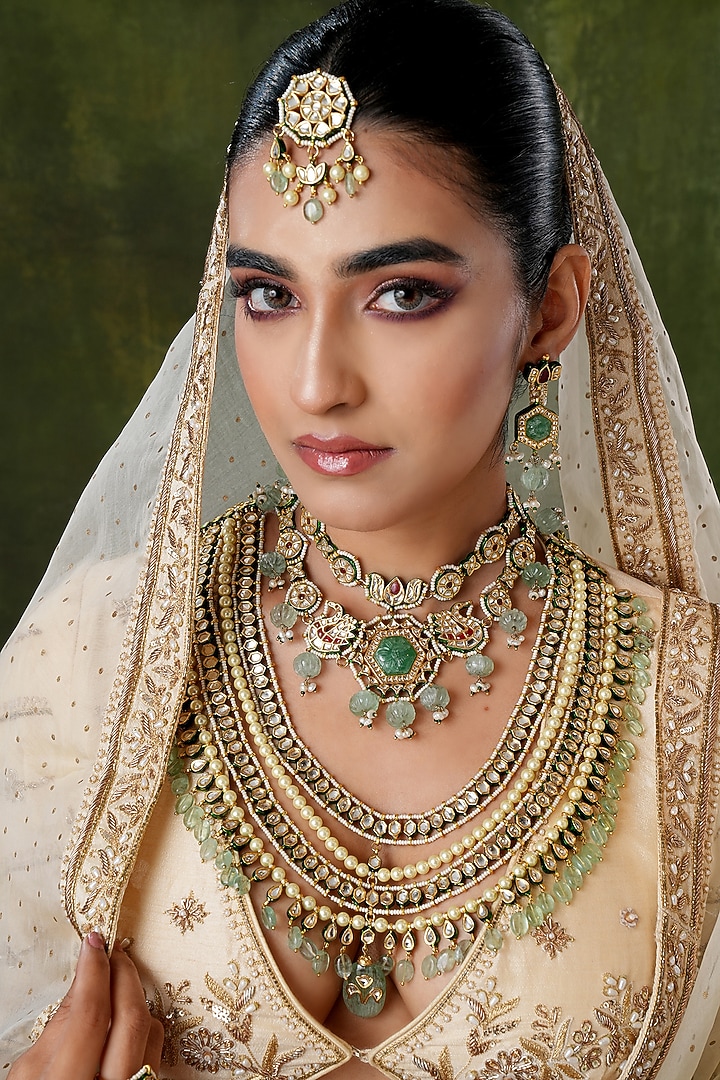 Gold Finish Kundan Polki & Green Stone Necklace Set by EKATHVA JAIPUR at Pernia's Pop Up Shop