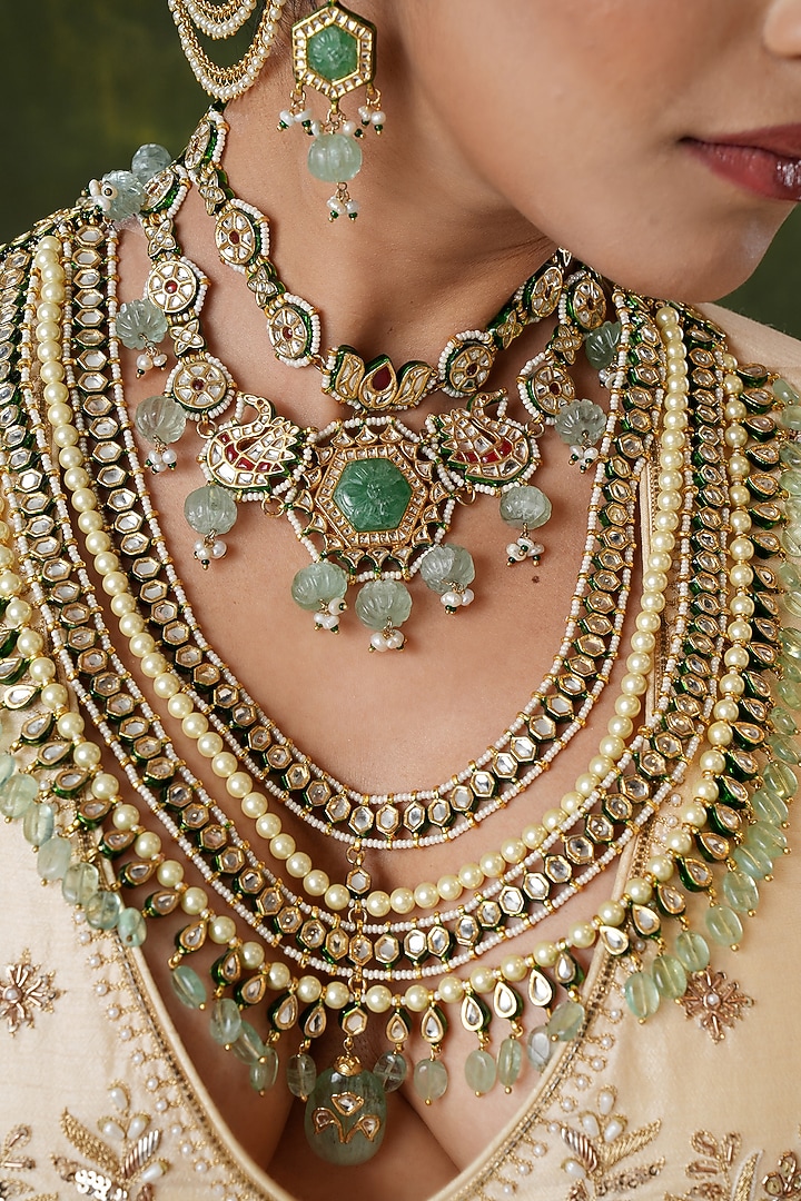 Gold Finish Kundan Polki & Green Stone Necklace Set by EKATHVA JAIPUR at Pernia's Pop Up Shop