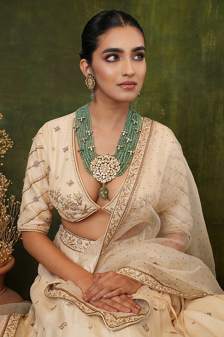 Gold Finish Kundan Polki & Green Stone Long Necklace Set by EKATHVA JAIPUR at Pernia's Pop Up Shop