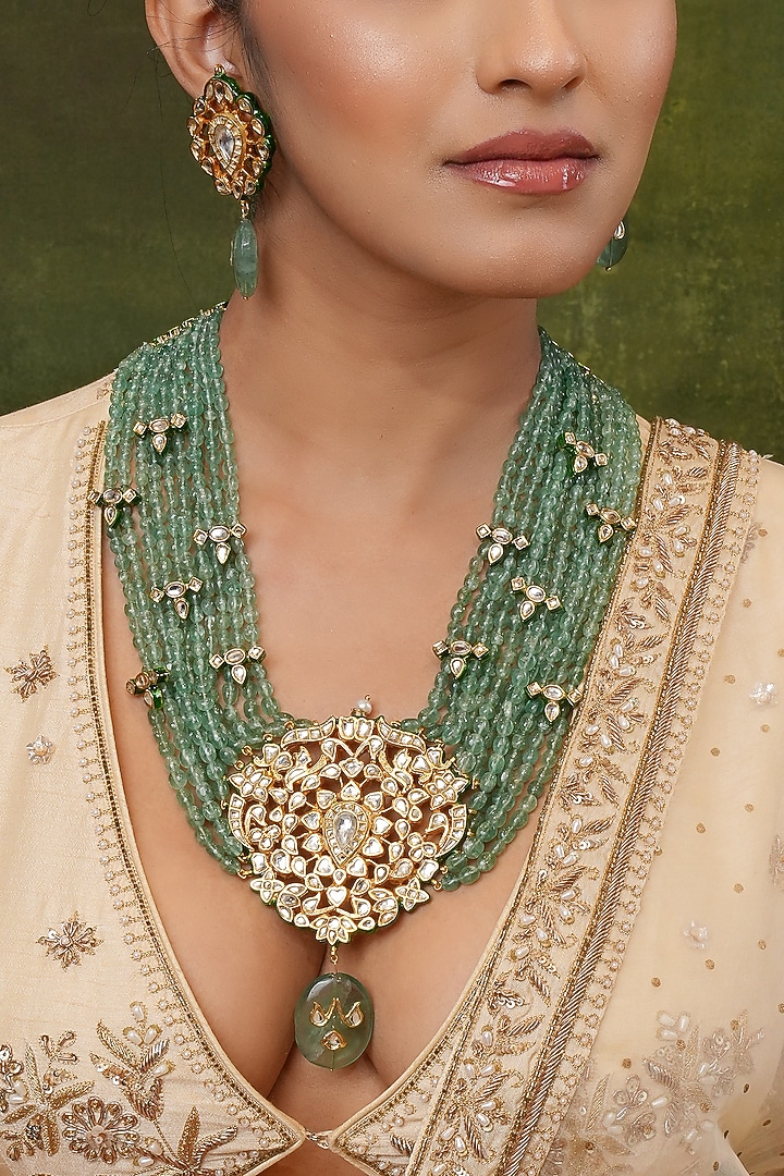 Gold Finish Kundan Polki & Green Stone Long Necklace Set by EKATHVA JAIPUR at Pernia's Pop Up Shop