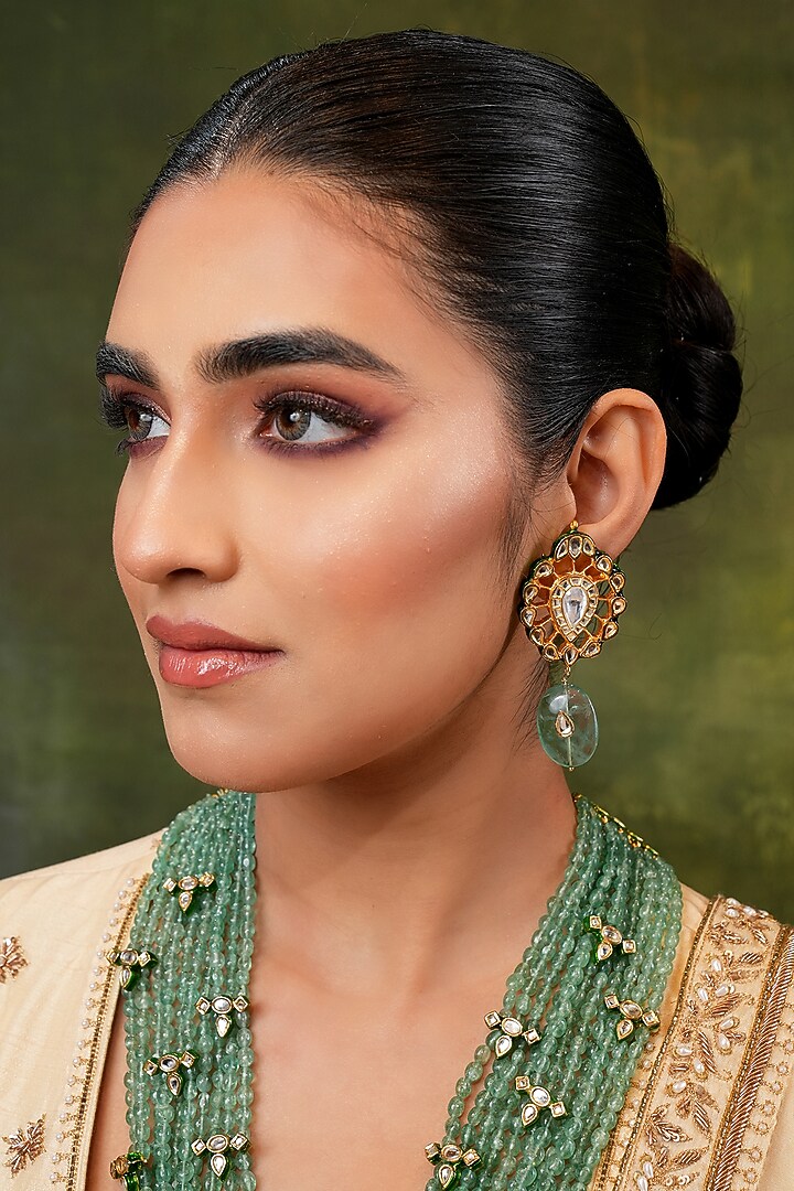 Gold Finish Kundan Polki & Green Stone Long Necklace Set by EKATHVA JAIPUR at Pernia's Pop Up Shop