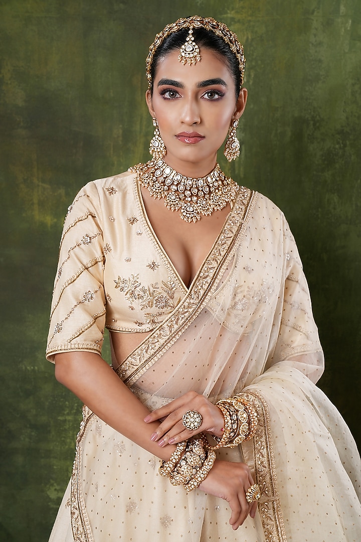 Gold Finish Kundan Polki Necklace Set by EKATHVA JAIPUR at Pernia's Pop Up Shop