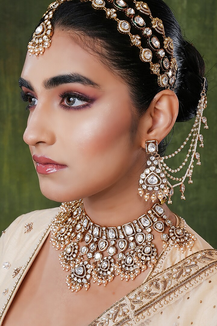 Gold Finish Kundan Polki Necklace Set by EKATHVA JAIPUR at Pernia's Pop Up Shop