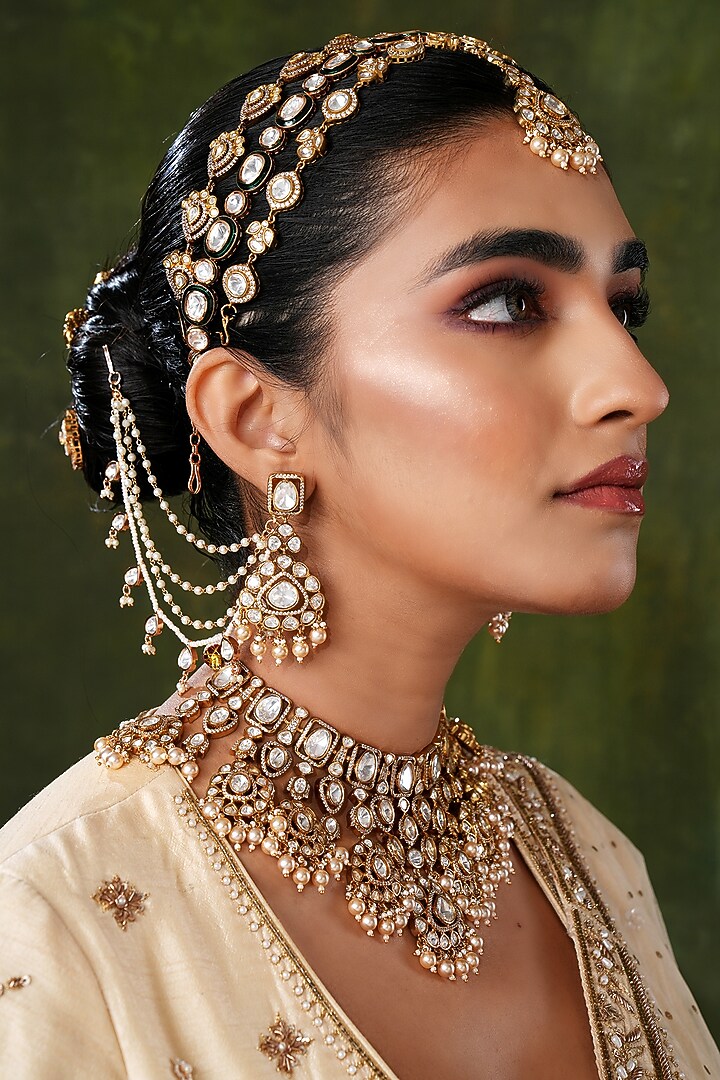 Gold Finish Kundan Polki Necklace Set by EKATHVA JAIPUR at Pernia's Pop Up Shop