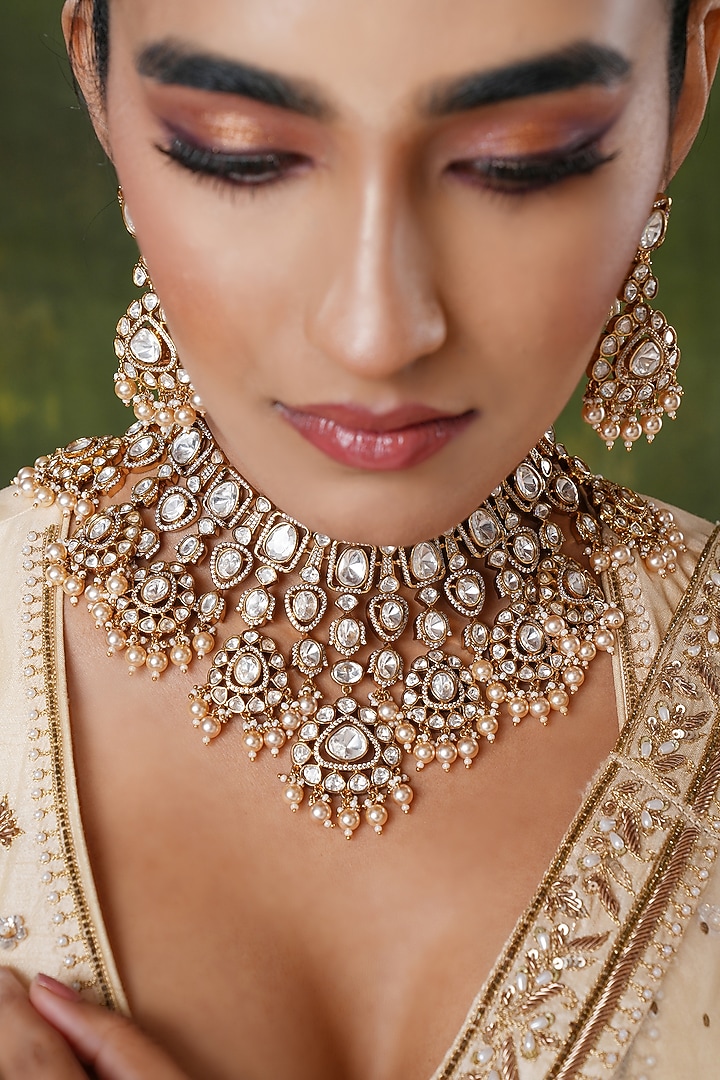 Gold Finish Kundan Polki Necklace Set by EKATHVA JAIPUR at Pernia's Pop Up Shop