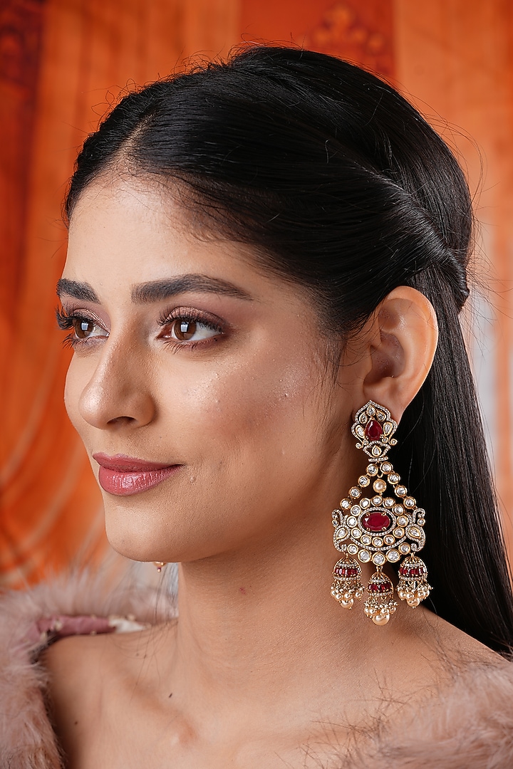 Gold Finish Kundan Polki & Red Stone Jhumka Earrings by EKATHVA JAIPUR at Pernia's Pop Up Shop