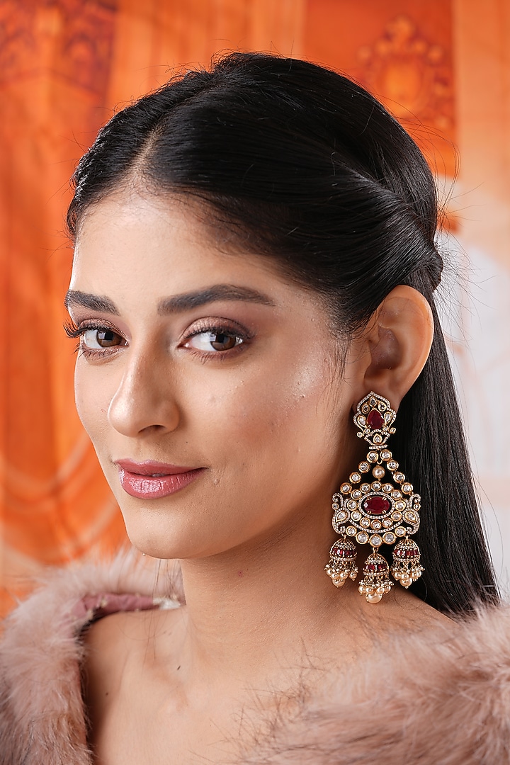 Gold Finish Kundan Polki & Red Stone Jhumka Earrings by EKATHVA JAIPUR at Pernia's Pop Up Shop