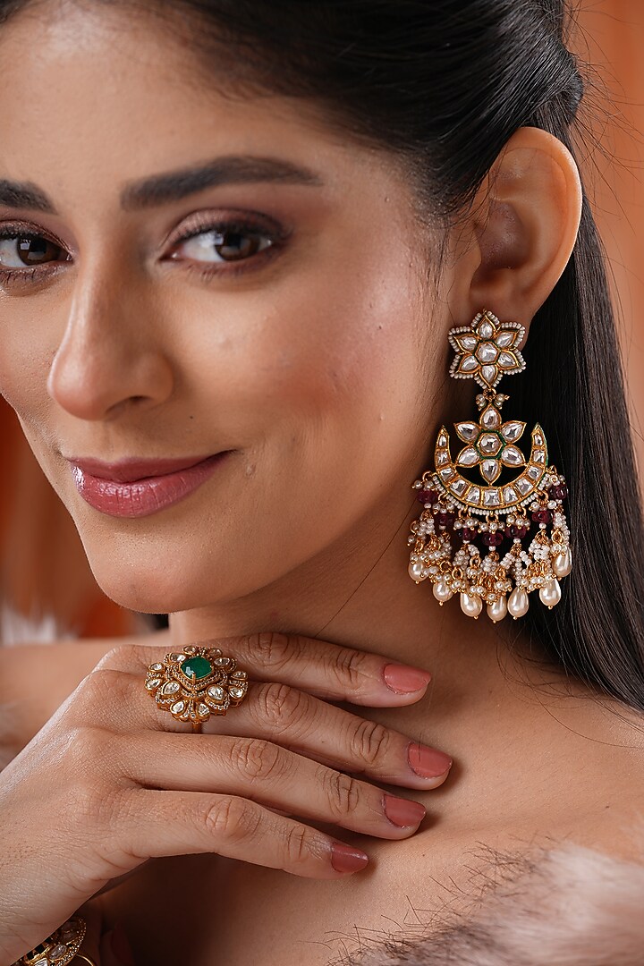 Gold Finish Kundan Polki & Red Stone Floral Dangler Earrings by EKATHVA JAIPUR at Pernia's Pop Up Shop