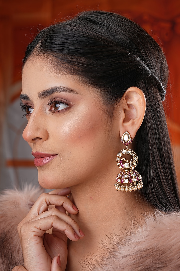 Gold Finish Kundan Polki & Red Stone Jhumka Earrings by EKATHVA JAIPUR at Pernia's Pop Up Shop